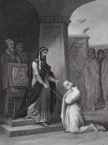 Ester inför kung Ahasverus, Ester, kap 15, v 11 (gravyr) av Alfred (after) Johannot
