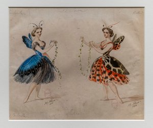 Källan. Balett av Ludwig Minkus och Leo Delibes. Modell av dräkt.1866. Penna och akvarell på papper.