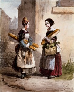 Små metier: bageriet. Ung gående brödhandlare. Tryck av Alfred Andre Geniole (1813-1861) från "Les femmes de Paris" 1841-1842 Paris, Musee Carnavalet