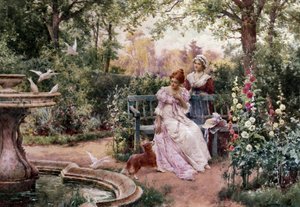 Hennes dams husdjur. Två unga flickor i en blomsterträdgård med en hund vid en fontän med duvor. Målning av Alfred Augustus I Glendening (ac.1861-d.1903 brittisk). Prerafaelism (Prerafaelitisk konst). Privat samling