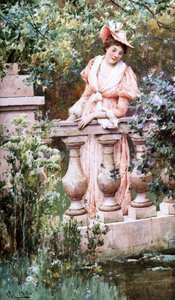 Fritidsmoment. En elegant kvinna betraktar en bassäng med en balustrad. Målning av Alfred Augustus I Glendening (ac.1861-d.1903 brittisk) Collection privee