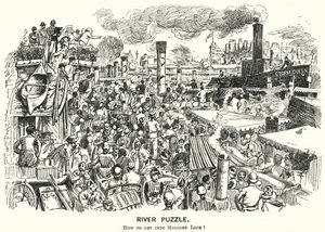 Punch-tecknad film: Trapp på Themsen vid Molesey Lock, Surrey (gravyr) av Alfred Chantrey Corbould