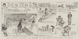 Race mellan cyklar och hästar i Agricultural Hall, Islington