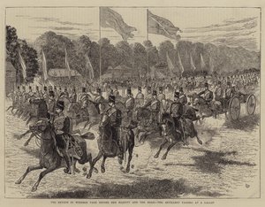 Recensionen i Windsor Park inför Hennes Majestät och Shahen, artilleriet passerar i galopp av Alfred Chantrey Corbould