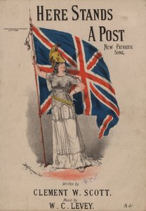 Here Stands a Post, New Patriotic Song - Britannia håller Union Jack (färg litho) av Alfred Concanen
