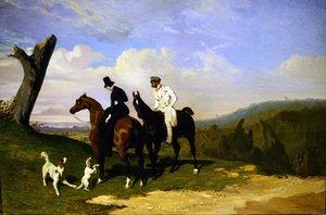 En paus ute och rider med hundarna (olja på duk) av Alfred Dedreux