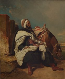 Sittande arabisk man med häst, möjligen ca. 1850-58.