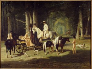 Herr och fru A. Mosselman och deras två döttrar går genom skogen till häst. Målning av Alfred de Dreux (1810-1860) 1848 Sön. 2x2,65 m Paris, museum för Petite Palais