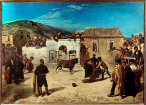 Novillada har Escurial Scen för tjurfäktning mellan unga tjurar och unga tjurfäktare i Spanien. Målning av Alfred Dehodencq (1822-1882) 1850 Sön. 1,49x2,08 m Pau, Museum of Fine Arts