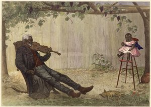 Gammal svart man spelar violin för barn (färggravyr) av Alfred Edward (after) Emslie