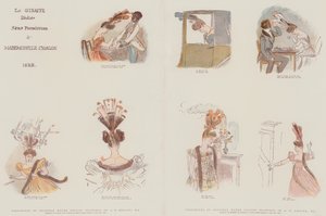 Faksimiler av originala vattenfärgsteckningar, designade för att satirisera modet i kvinnliga huvudklänningar av året 1828 (chromolitho)