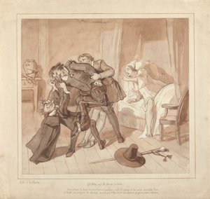 Gil Blas, medan han utövar medicin under Dr. Sangrado, möter Dr. Cuchillo vid sängkanten av livsmedelsaffären av Alfred Edward Chalon