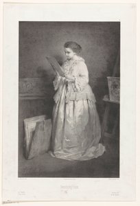 Ung kvinna tittar på ett tryck eller en ritning Indiskretion (titel på objekt) av Alfred François Lemoine
