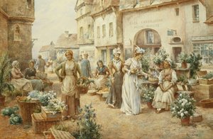 En blomstermarknad, Frankrike, 1900 av Alfred Glendening
