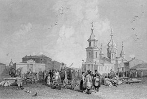Hömarknaden, St. Petersburg, graverad av W. Chevalier