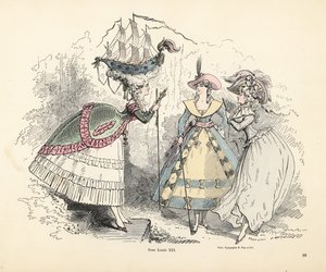 Kvinna som bär ett slagskepp i sin sittpuff huvudbonad, era av kung Ludvig XIV