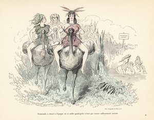 Kvinnor i djurskinn och fjädrar som rider på strutsar och svanar. av Alfred Grevin