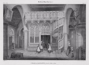 Snidade takskärm i trä av kapellet Notre Dame de Lambader, Plouvorn, Bretagne, Frankrike (litho) av Alfred Guesdon