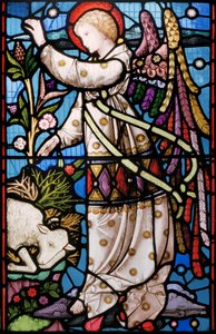 En ängel kommer med ett budskap till Abraham att inte offra sin son utan istället ersätta ett får som har fångats i buskar, ca 1867 (målat glas)