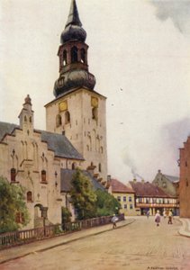 Danmark: Aalborg domkyrka, Nordjylland (färg litho) av Alfred Heaton Cooper