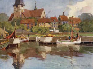 Danmark: Bornholm, Rønne hamn (färg litho) av Alfred Heaton Cooper