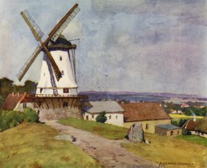 Danmark: Dybbols bruk, Sønderborg, på slagfältet 1864 (färg litho) av Alfred Heaton Cooper
