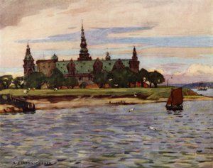 Danmark: Helsingör, Kronborgs slott (färg litho) av Alfred Heaton Cooper