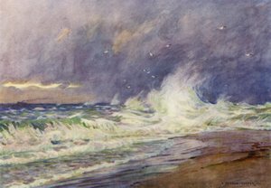 Danmark: Skagen, mötet mellan Nordsjön och Kattegatt (färg litho) av Alfred Heaton Cooper