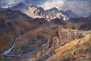Lake District: En rävjakt i fjällen, Eskdale och Scawfell (färglitografi) av Alfred Heaton Cooper