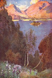 Lake District: En glimt av Grasmere, kvällssol (färglitografi) av Alfred Heaton Cooper
