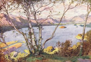 Lake District: Derwentwater och Bassenthwaite Lake, från High Lodore (färglitografi) av Alfred Heaton Cooper