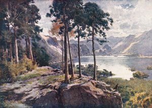 Lake District: Derwentwater, från Castle Head, en ljus morgon (färglitografi) av Alfred Heaton Cooper
