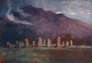 Lake District: Druid Circle, nära Keswick, månsken (färglitografi) av Alfred Heaton Cooper