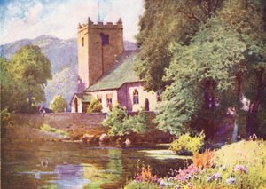 Lake District: Grasmere Church (färglitografi) av Alfred Heaton Cooper
