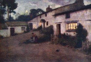 Lake District: Moonlight and Lamplight, Coniston (färglitografi) av Alfred Heaton Cooper