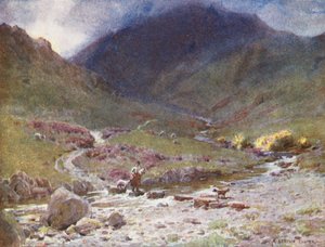 Lake District: Stepping-stones, Far Easedale, Grasmere (färglitografi) av Alfred Heaton Cooper