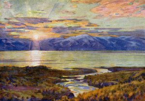 Midnattssol över sjön Torne Trask, från Abisko av Alfred Heaton Cooper