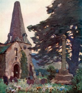 Porlock Church and Cross (färg litho) av Alfred Heaton Cooper