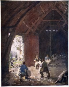Fårklippning, Esthwaite Hall Farm, från en portfölj av tryck från de ursprungliga akvarellerna, ca 1920 av Alfred Heaton Cooper