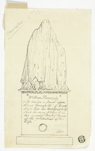 Visitkort med draperat monument, konstnärens inskription av Alfred Henry Forrester