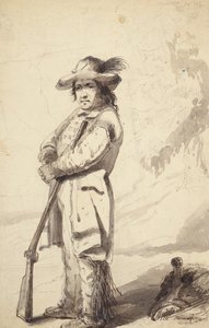 A Rocky Mountain Trapper, Bill Burrow, ca 1837 (penna, penna och bläck och tvätt på papper) av Alfred Jacob Miller
