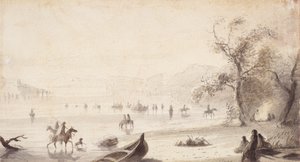 Bull Boating Across the Platte, ca 1837 (ritning på papper) av Alfred Jacob Miller