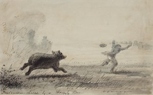 Fontenelle Chased by a Grizzly Bear, ca 1837 (penna, bläck och tvätt på papper) av Alfred Jacob Miller