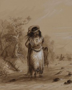 Indiansk flicka med papoose som korsar en bäck av Alfred Jacob Miller