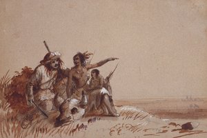 Kansas Indian Recounting to a Trapper, av Signs, the Migration of Buffalo, c.1837 (penna och bruna och svarta tvättar på papper) av Alfred Jacob Miller