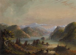 Sjölandskap med flod och berg av Alfred Jacob Miller