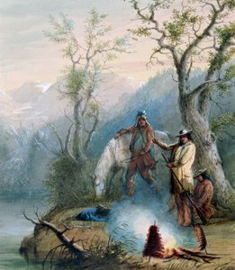 Roasting the Hump Rib, 1837 (wc förhöjd med vitt på papper) av Alfred Jacob Miller