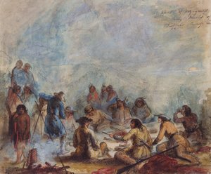 Sunrise, Trappers and Traveler at their Meals of Buffalo Hump Rib, c.1837 (akvarell på papper) av Alfred Jacob Miller