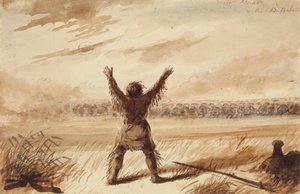 Trapper Disturbed in Rest by a Herd of Buffalo, c.1837 (penna, penna och bläck, och tvätta på papper) av Alfred Jacob Miller