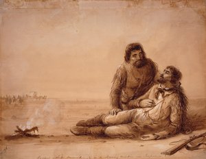 Fångare utan ammunition och i svältande tillstånd nära Independence Rock, ca 1850 (sepiatvätt på papper) av Alfred Jacob Miller